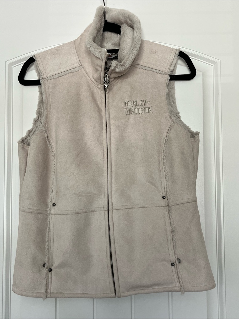 Harley-Davidson Vintage Y2K Women's Cream Faux Suede Faux Fur Lined Vest Medium